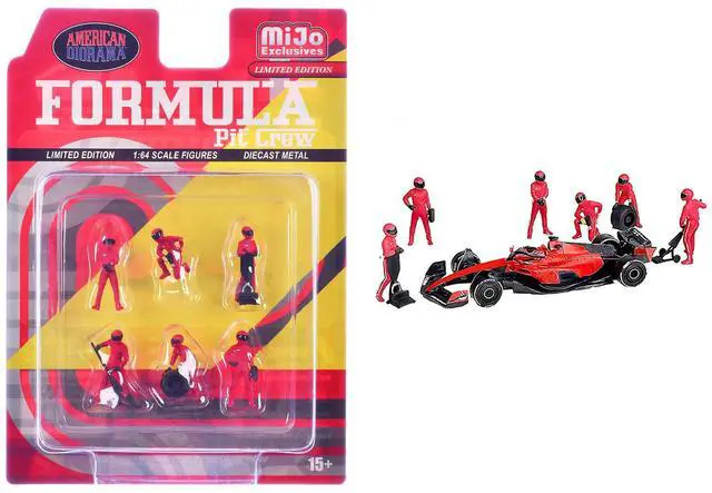 Main image of "Formula Pit Crew Team Red" 6 piece Diecast Figure Set (6 Figures) Limited Edition for 1/64 Scale Models by American Diorama