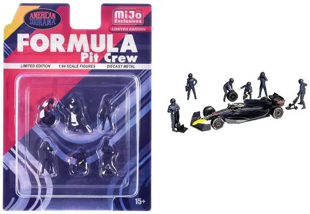 Main image of "Formula Pit Crew Team Blue" 6 piece Diecast Figure Set (6 Figures) Limited Edition for 1/64 Scale Models by American Diorama