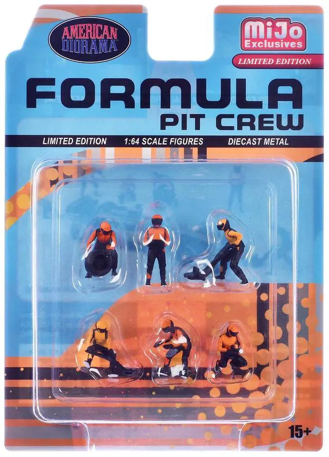 Alt view image 6 of 6 - "Formula Pit Crew Team Orange" 6 piece Diecast Figure Set (6 Figures) Limited Ed for 1/64 Scale Models by American Diorama