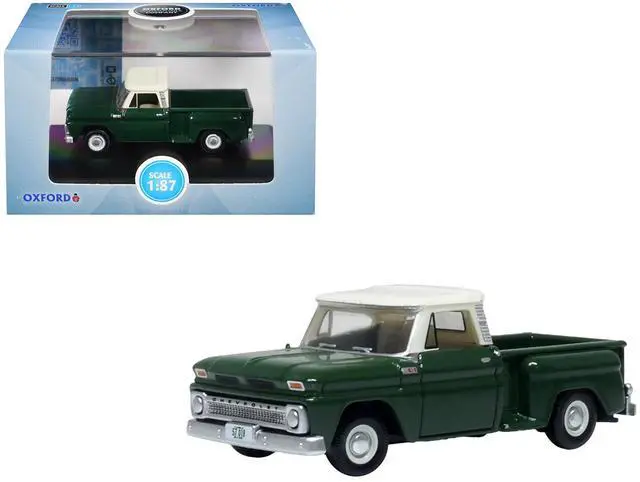 Main image of 1965 Chevrolet C10 Stepside Pickup Truck Dark Green with Ivory Top 1/87 (HO) Scale Diecast Model Car by Oxford Diecast