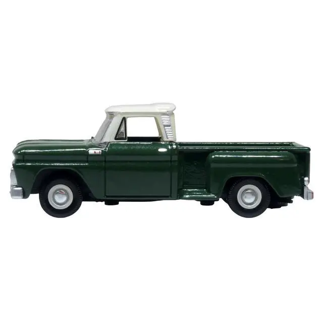 Alt view image 3 of 6 - 1965 Chevrolet C10 Stepside Pickup Truck Dark Green with Ivory Top 1/87 (HO) Scale Diecast Model Car by Oxford Diecast