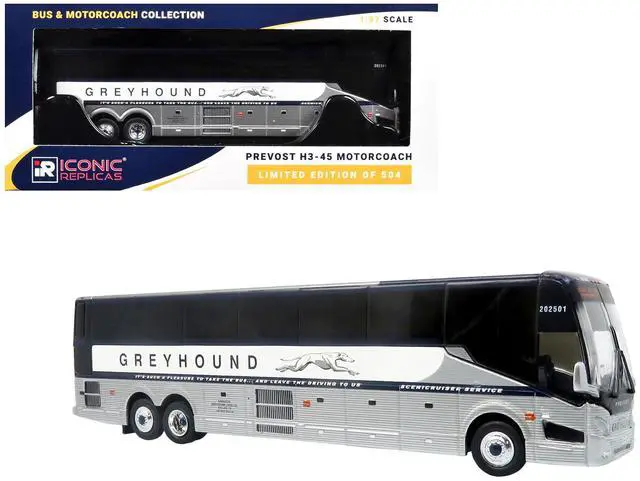 Main image of Prevost H3-45 Coach Bus "Greyhound Scenicruiser Service" White and Raw Metal 1/87 (HO) Scale Diecast Model by Iconic Replicas