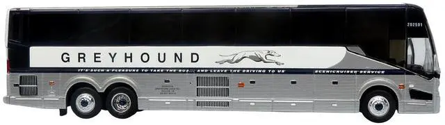 Alt view image 2 of 7 - Prevost H3-45 Coach Bus "Greyhound Scenicruiser Service" White and Raw Metal 1/87 (HO) Scale Diecast Model by Iconic Replicas