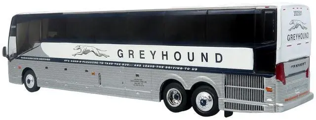 Alt view image 3 of 7 - Prevost H3-45 Coach Bus "Greyhound Scenicruiser Service" White and Raw Metal 1/87 (HO) Scale Diecast Model by Iconic Replicas