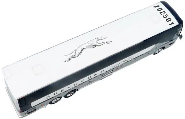 Alt view image 6 of 7 - Prevost H3-45 Coach Bus "Greyhound Scenicruiser Service" White and Raw Metal 1/87 (HO) Scale Diecast Model by Iconic Replicas