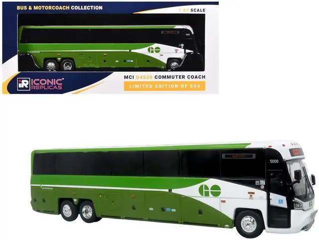 Main image of MCI D4520 Commuter Coach Bus "GO Transit" Green and White 1/87 (HO) Scale Diecast Model by Iconic Replicas