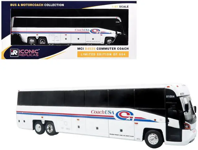 Main image of MCI D4520 Commuter Coach Bus "Coach USA" White with Blue and Red Stripes 1/87 (HO) Scale Diecast Model by Iconic Replicas
