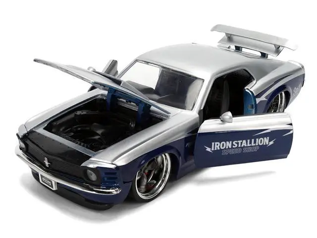 Alt view image 2 of 7 - 1970 Ford Mustang Boss 429 "Iron Stallion Speed Shop" Silver and Dark Blue Metallic 1/24 Diecast Model Car by Jada