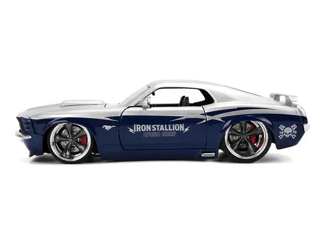 Alt view image 3 of 7 - 1970 Ford Mustang Boss 429 "Iron Stallion Speed Shop" Silver and Dark Blue Metallic 1/24 Diecast Model Car by Jada