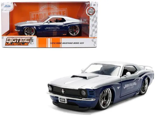Main image of 1970 Ford Mustang Boss 429 "Iron Stallion Speed Shop" Silver and Dark Blue Metallic 1/24 Diecast Model Car by Jada