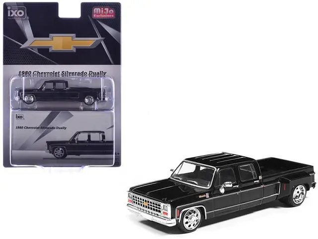 Main image of 1980 Chevrolet Silverado C30 Crew Cab Dually Lowered Pickup Truck Black 1/64 Diecast Model Car by IXO Models