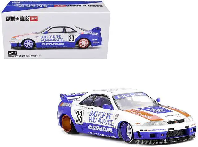 Main image of Nissan Skyline GT-R (R33) RHD #33 "BFTHR V1" Blue and White w/Graphics "Kaido House" Special 1/64 Diecast Model Car by Mini GT