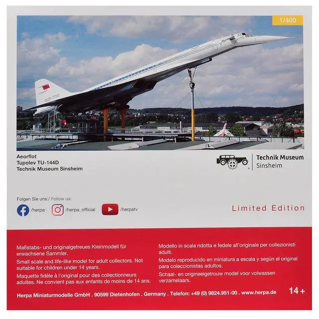 Alt view image 6 of 6 - Tupolev Tu-144D Commercial Aircraft "Aeroflt" (CCCP-77112) White with Blue Stripes 1/400 Diecast Model Airplane by Herpa