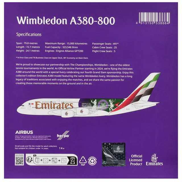 Alt view image 6 of 6 - Airbus A380-800 Commercial Aircraft "Emirates Airlines" (A6-EOE) White with Graphics 1/500 Diecast Model Airplane by Herpa