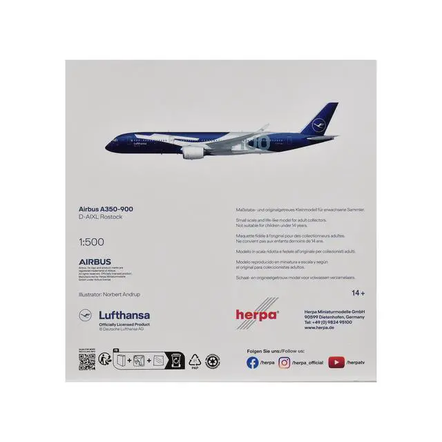 Alt view image 6 of 6 - Airbus A350-900 Commercial Aircraft "Lufthansa 100 Years" (D-AIXL) Blue with Graphics 1/500 Diecast Model Airplane by Herpa