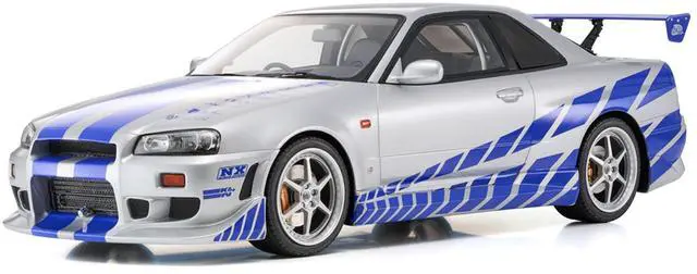 Main image of Nissan Skyline GT-R (R34) RHD Silver Metallic with Blue Graphics "2 Fast 2 Furious" (2003) Movie 1/12 Model Car by Kyosho