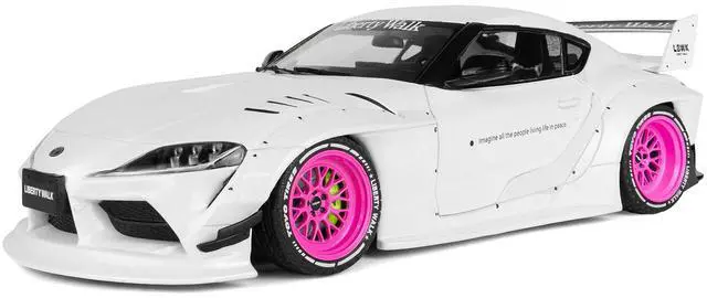 Main image of 2025 Toyota GR Supra "Liberty Walk" Body Kit White Metallic with Pink Wheels 1/18 Diecast Model Car by Solido