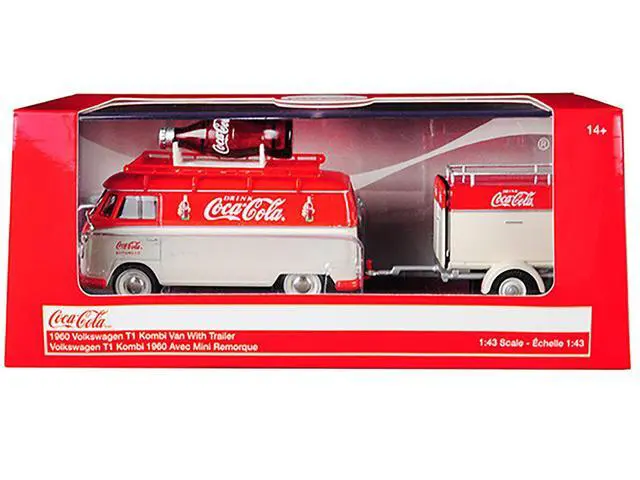Alt view image 9 of 10 - 1960 Volkswagen T1 Kombi Van with Trailer Red and Cream "Coca Cola" 1/43 Diecast Model Car by Motorcity Classics