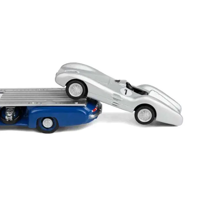 Alt view image 2 of 6 - Mercedes-Benz Renntransporter Flatbed Truck Blue and 1954 Mercedes-Benz W196 #1 Silver Metallic 1/64 Diecast Model Car by Norev