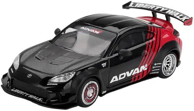 Main image of Toyota GR86 "LB-Nation - Liberty Walk" RHD "ADVAN" Black and Red with Carbon Hood Limited Ed 1/64 Die Cast Model Car by Mini GT