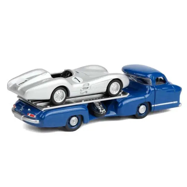 Alt view image 4 of 6 - Mercedes-Benz Renntransporter Flatbed Truck Blue and 1954 Mercedes-Benz W196 #1 Silver Metallic 1/64 Diecast Model Car by Norev