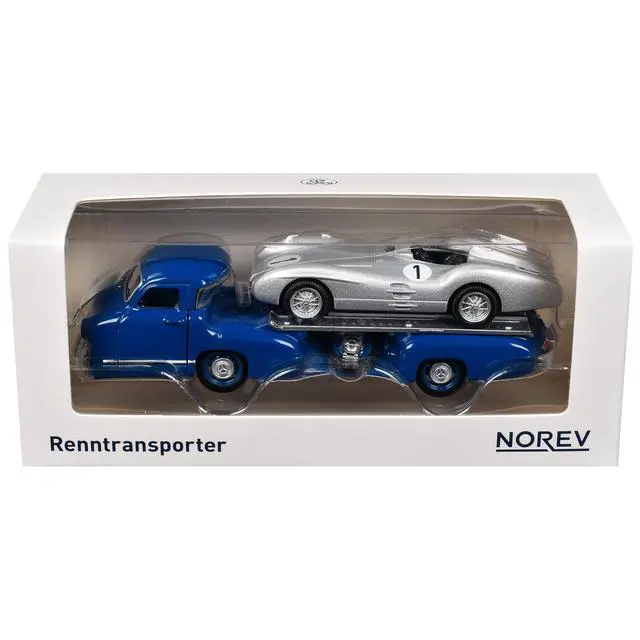 Alt view image 6 of 6 - Mercedes-Benz Renntransporter Flatbed Truck Blue and 1954 Mercedes-Benz W196 #1 Silver Metallic 1/64 Diecast Model Car by Norev