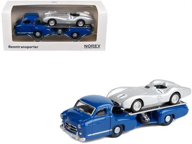 Main image of Mercedes-Benz Renntransporter Flatbed Truck Blue and 1954 Mercedes-Benz W196 #1 Silver Metallic 1/64 Diecast Model Car by Norev