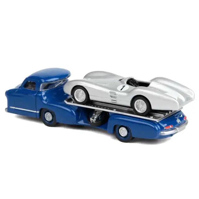 Alt view image 3 of 6 - Mercedes-Benz Renntransporter Flatbed Truck Blue and 1954 Mercedes-Benz W196 #1 Silver Metallic 1/64 Diecast Model Car by Norev