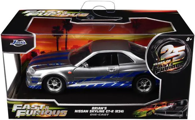 Alt view image 6 of 6 - Brian's Nissan Skyline GT-R (R34) RHD Silver Metallic with Blue "Fast & Furious 25th Anniversary" 1/32 Diecast Car Model by Jada