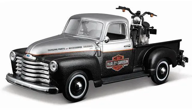 Main image of 1950 Chevrolet 3100 Truck Silver Metallic and Black with 1948 Harley Davidson FL Panhead Motorcycle Black 1/24 Diecast by Maisto
