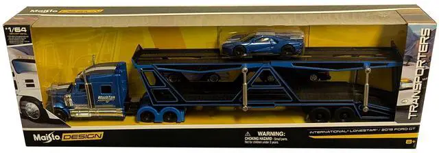 Main image of International Lonestar Hauler Blue Metallic with Graphics and 2019 Ford GT Blue Metallic w/White 1/64 Die Cast Models by Maisto