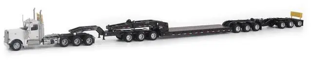 Main image of Peterbilt 589 Tridem-Axle w/Cab and Hydraulic Detachable Trailer w/Jeep & Booster White 1/64 Diecast Model by Diecast Masters