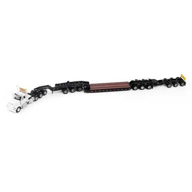 Alt view image 4 of 6 - Peterbilt 589 Tridem-Axle w/Cab and Hydraulic Detachable Trailer w/Jeep & Booster White 1/64 Diecast Model by Diecast Masters