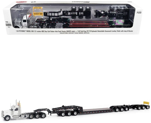 Main image of Peterbilt 589 Tridem-Axle w/Cab and Hydraulic Detachable Trailer w/Jeep & Booster White 1/64 Diecast Model by Diecast Masters