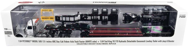Alt view image 7 of 7 - Peterbilt 589 Tridem-Axle w/Cab and Hydraulic Detachable Trailer w/Jeep & Booster White 1/64 Diecast Model by Diecast Masters
