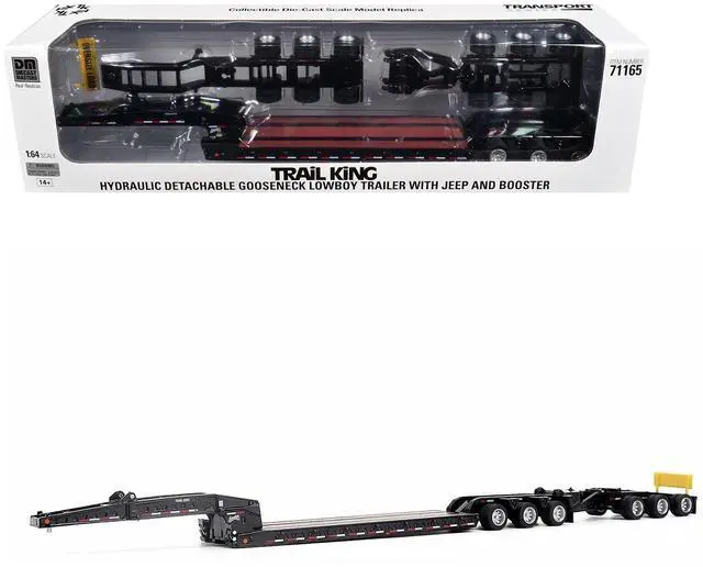 Main image of Trail King TK170 Hydraulic Detachable Gooseneck Lowboy Trailer Black with Jeep and Booster 1/64 Diecast Model by Diecast Masters