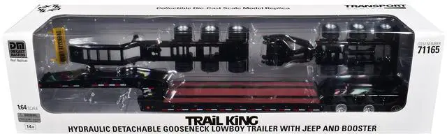 Alt view image 6 of 6 - Trail King TK170 Hydraulic Detachable Gooseneck Lowboy Trailer Black with Jeep and Booster 1/64 Diecast Model by Diecast Masters