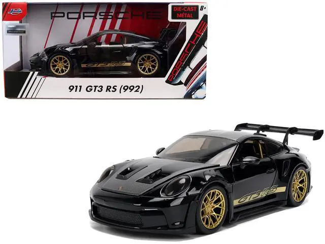 Main image of Porsche 911 (992) GT3 RS Black with Carbon Top and Hood Stripes and Gold Wheels "Hyper-Spec" 1/24 Diecast Model Car by Jada
