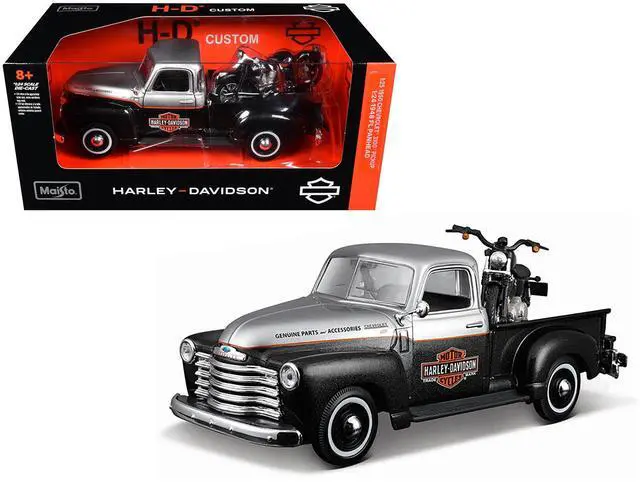 Main image of 1950 Chevrolet 3100 Truck Silver Metallic and Black with 1948 Harley Davidson FL Panhead Motorcycle Black 1/24 Diecast by Maisto
