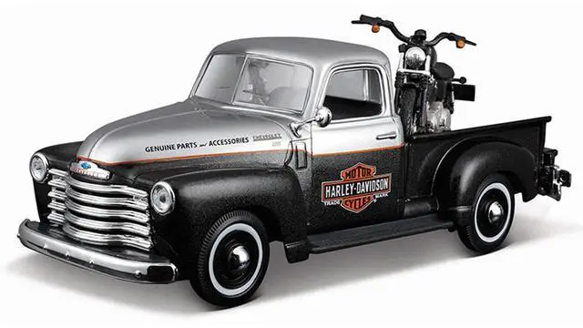 Alt view image 2 of 3 - 1950 Chevrolet 3100 Truck Silver Metallic and Black with 1948 Harley Davidson FL Panhead Motorcycle Black 1/24 Diecast by Maisto