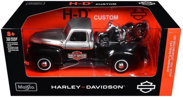 Alt view image 3 of 3 - 1950 Chevrolet 3100 Truck Silver Metallic and Black with 1948 Harley Davidson FL Panhead Motorcycle Black 1/24 Diecast by Maisto