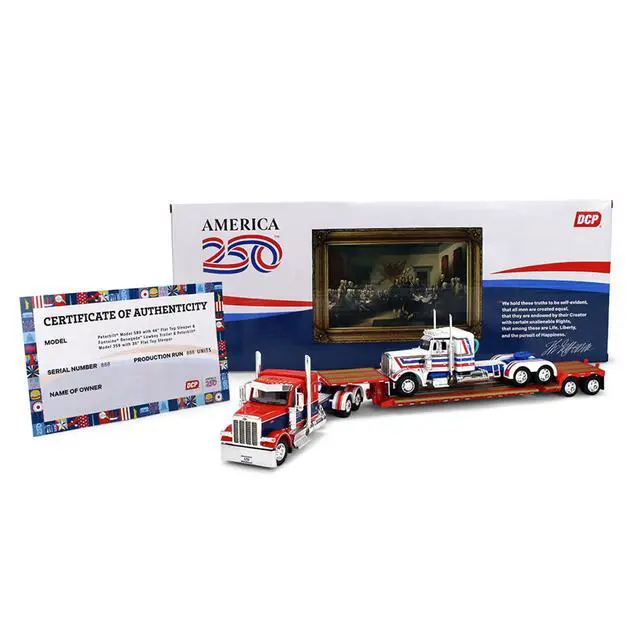 Alt view image 4 of 6 - Peterbilt 589 with 44" Sleeper Red w/Blue & Lowboy w/Peterbilt 359 Load White, Blue & Red 1/64 Diecast Model by DCP/First Gear