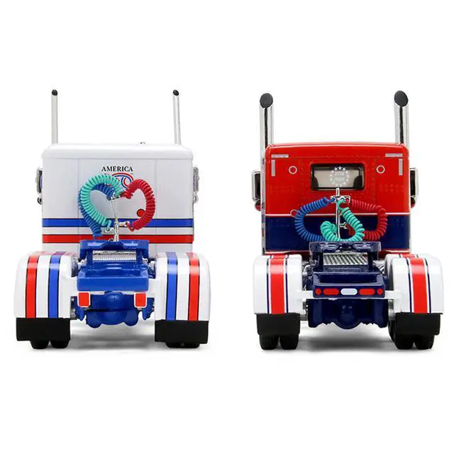 Alt view image 3 of 6 - Peterbilt 589 with 44" Sleeper Red w/Blue & Lowboy w/Peterbilt 359 Load White, Blue & Red 1/64 Diecast Model by DCP/First Gear