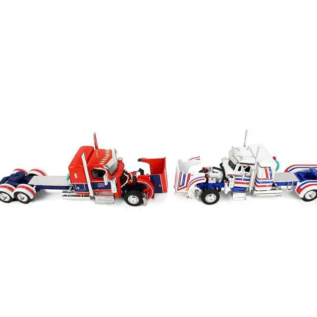Alt view image 2 of 6 - Peterbilt 589 with 44" Sleeper Red w/Blue & Lowboy w/Peterbilt 359 Load White, Blue & Red 1/64 Diecast Model by DCP/First Gear