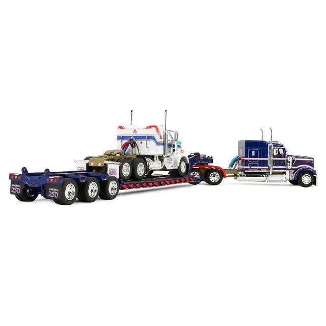 Alt view image 3 of 6 - Kenworth W900L w/72" Aerocab Sleeper Blue w/White & Trailer w/W900A Load White w/Blue & Red 1/64 Diecast Model by DCP/First Gear