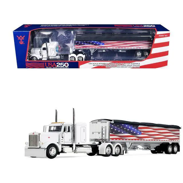 Main image of Peterbilt 389 with 48" Flat Top Sleeper and 43' Wilson Pacesetter High Side Grain Trailer 1/64 Diecast Model by DCP/First Gear