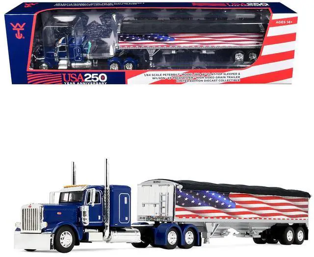 Main image of Peterbilt 389 with 48" Flat Top Sleeper and 43' Wilson Pacesetter High Side Grain Trailer 1/64 Diecast Model by DCP/First Gear
