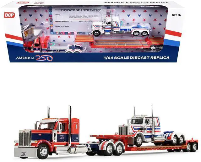 Main image of Peterbilt 589 with 44" Sleeper Red w/Blue & Lowboy w/Peterbilt 359 Load White, Blue & Red 1/64 Diecast Model by DCP/First Gear
