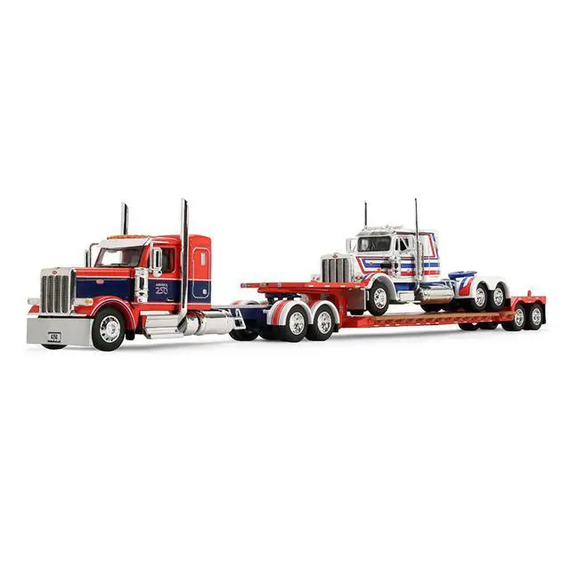 Alt view image 5 of 6 - Peterbilt 589 with 44" Sleeper Red w/Blue & Lowboy w/Peterbilt 359 Load White, Blue & Red 1/64 Diecast Model by DCP/First Gear