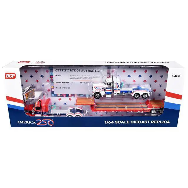Alt view image 6 of 6 - Peterbilt 589 with 44" Sleeper Red w/Blue & Lowboy w/Peterbilt 359 Load White, Blue & Red 1/64 Diecast Model by DCP/First Gear